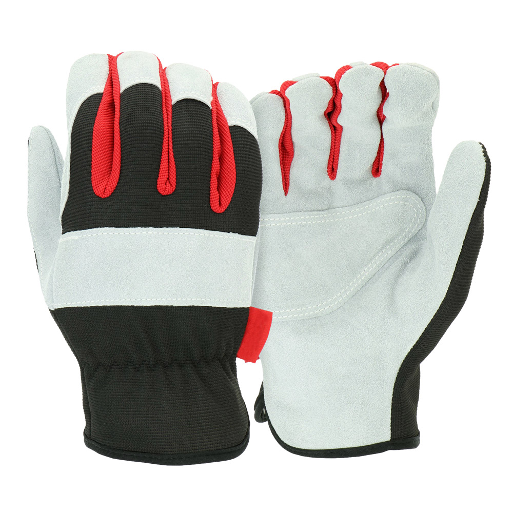 Durable suede leather palm working gloves durability and protection work gloves black with white