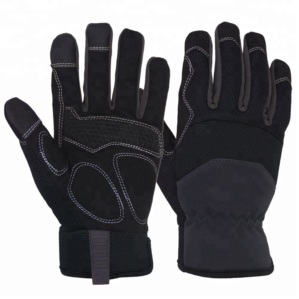 Black Anti-vibration Touch Screen Synthetic Leather Custom Industrial Mechanics Gloves