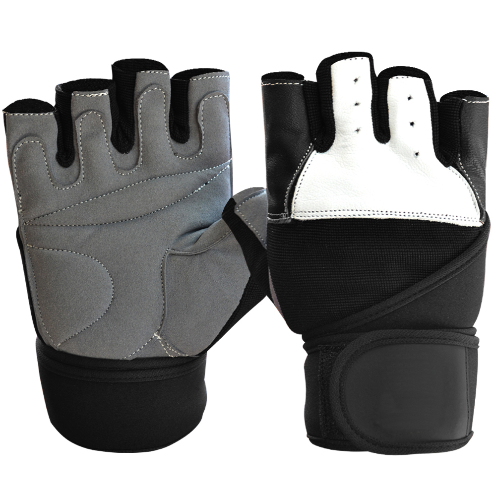Leather fingerless elastic weight lifting gloves with long wrist strap