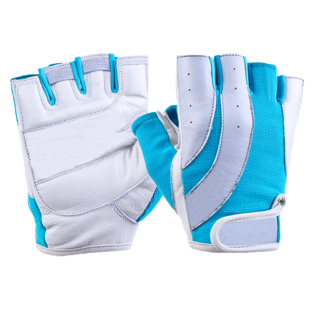 Sky blue comfortable& breathable premium leather gym gloves with soft sponge