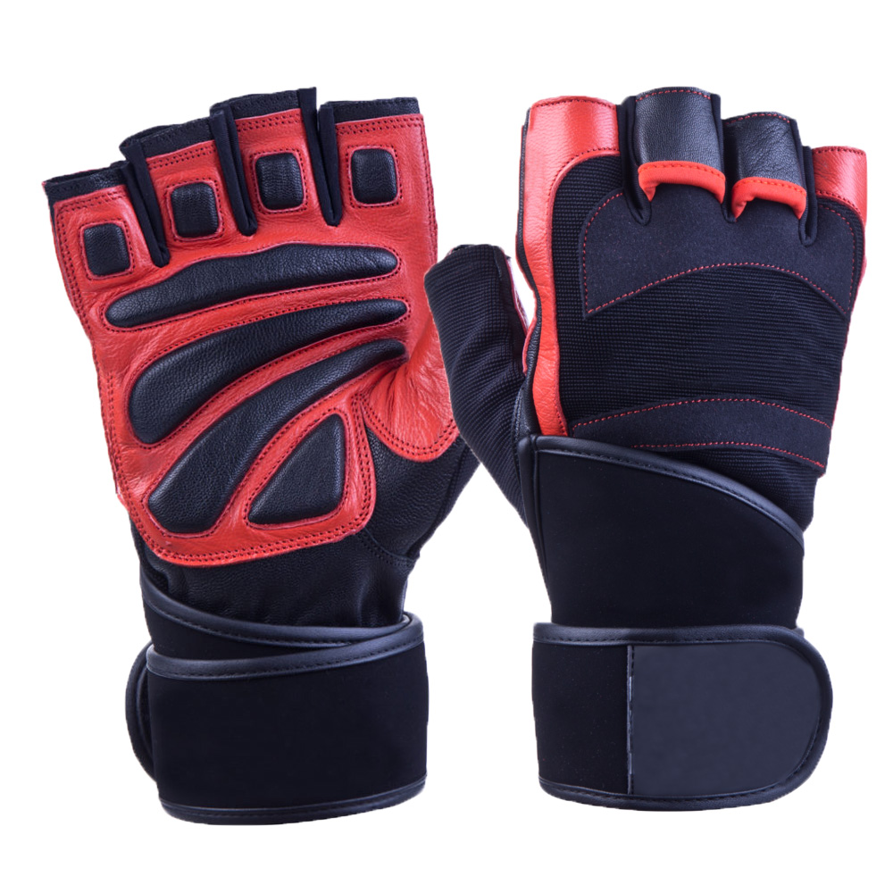 Red cowhide leather durable gym workout gloves long wrist protection with grip