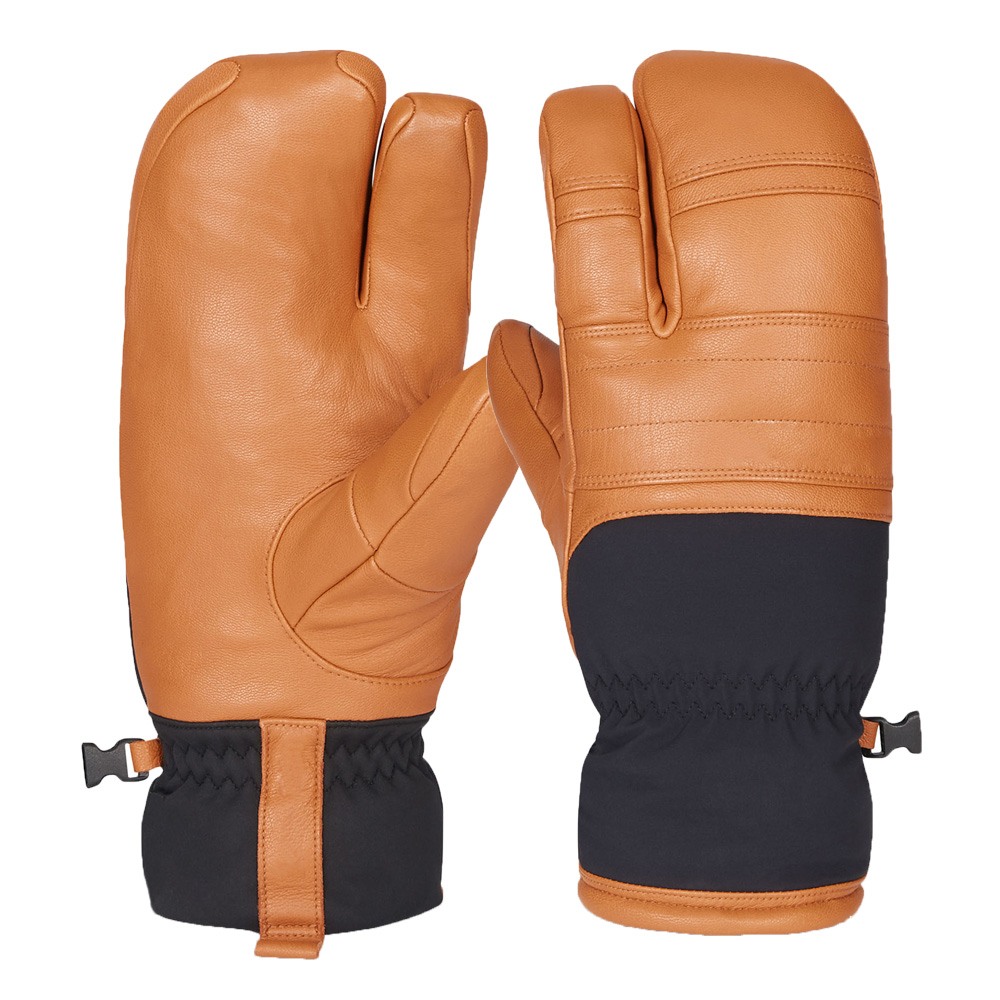 High waterproof leather 3 finger ski gloves brown color soft lining mountain ski gloves