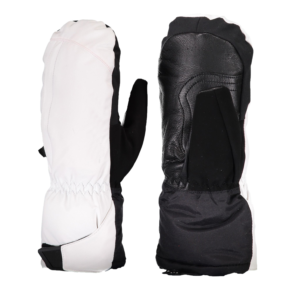 Fleece warm ski mittens white with black waterproof genuine leather women ski mittens with zipper