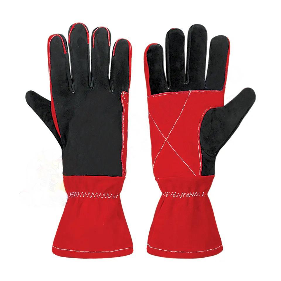 OEM Customized Cut-Resistance Black Red Cow Split Leather Reinforced Thumb Long Cuff Hands Safety Pr